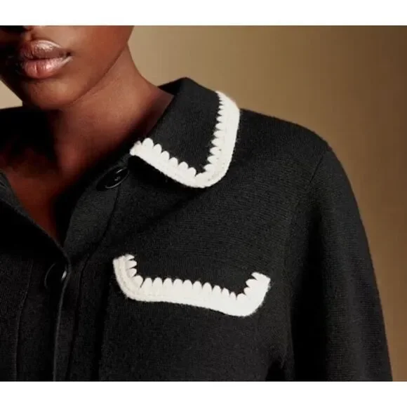 NWT Sézane Gilet Betty Wool Cardigan XXL Black Crochet Trim Button Front - Picture 7 of 10